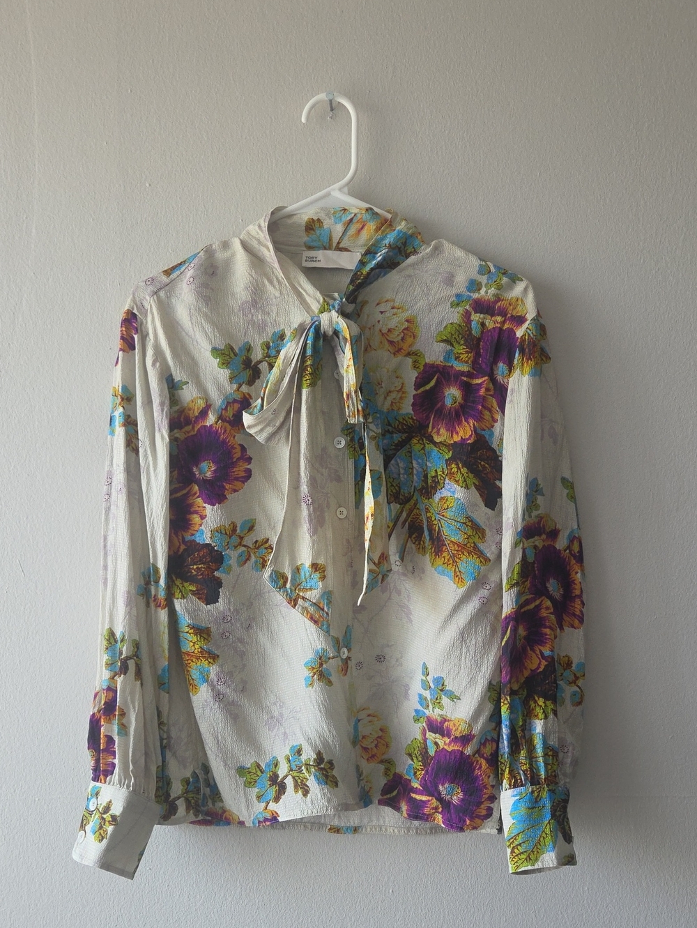 Tory Burch Cream Tie-Neck Blouse with Purple and Turquoise Floral Print